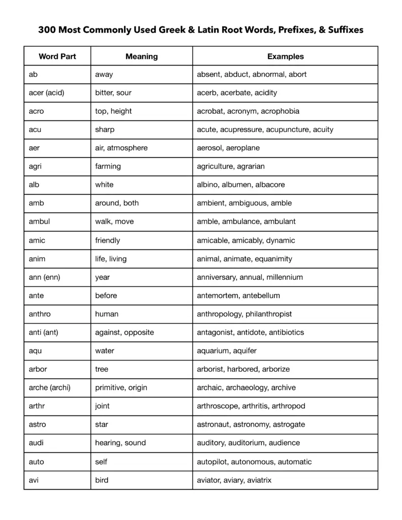 break down words into root prefix and suffix