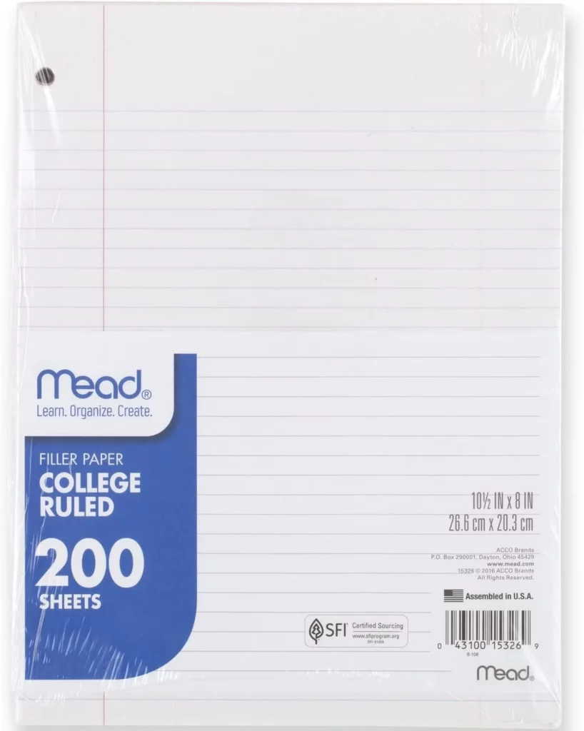 college ruled loose leaf paper