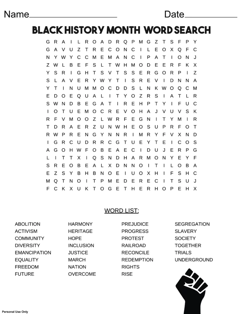 Black History Month Word Search Free Printable PDF