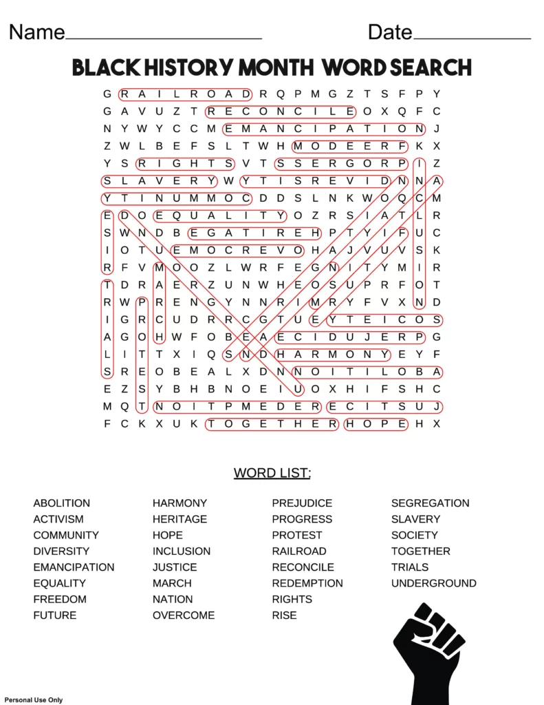 black history month word search answers