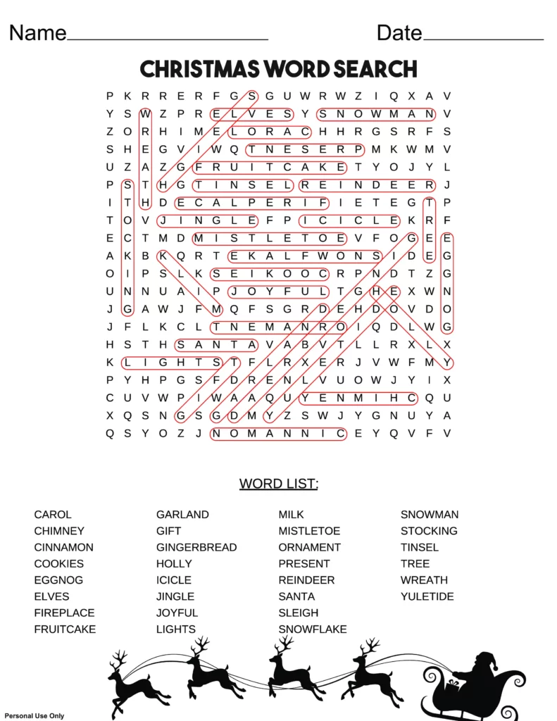 christmas word search answer key