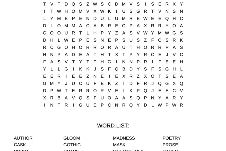 edgar allan poe word search free printable pdf