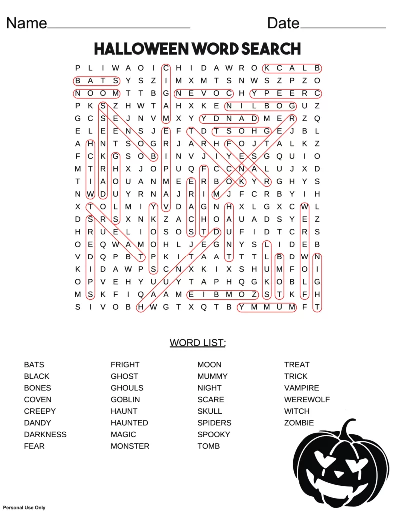 halloween word search answer key