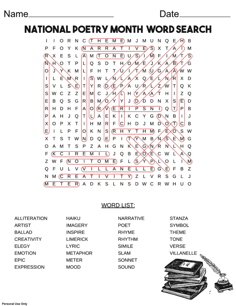 national poetry month word search answer key