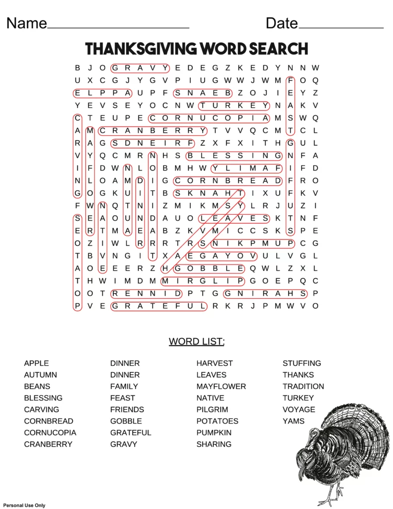 thanksgiving word search answer key