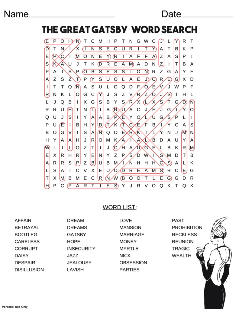 the great gatsby word search answer key