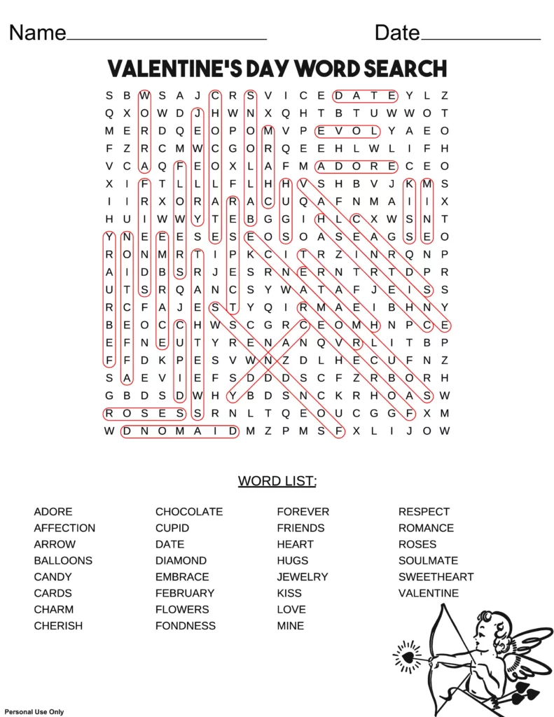 valentines day word search answer key