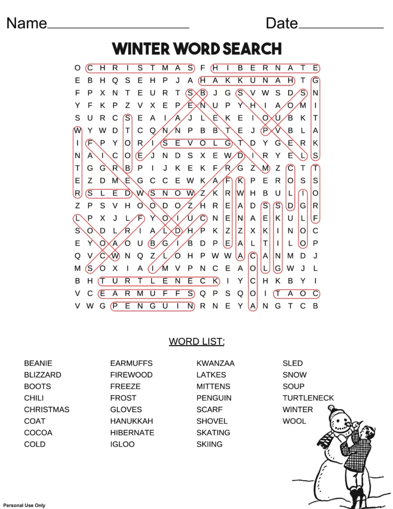 winter word search answer key